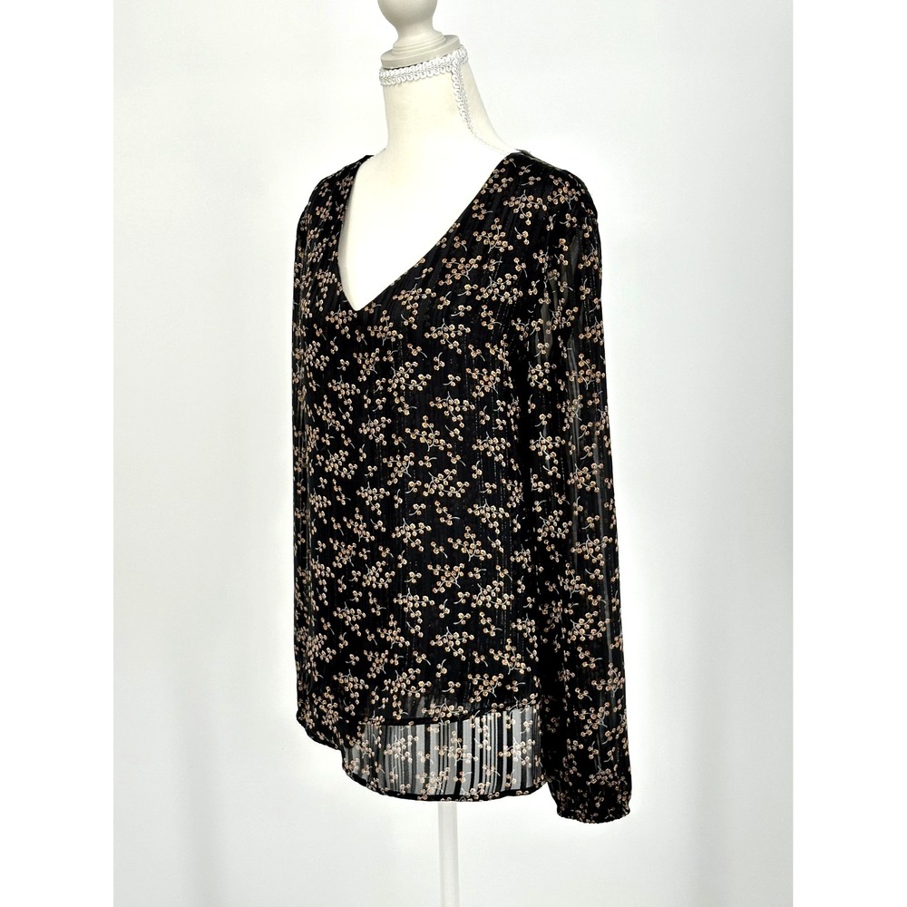 Whimsygoth Dark Floral Sheer Shimmer V Neck Blouse XL Long Sleeve Romantic Boho